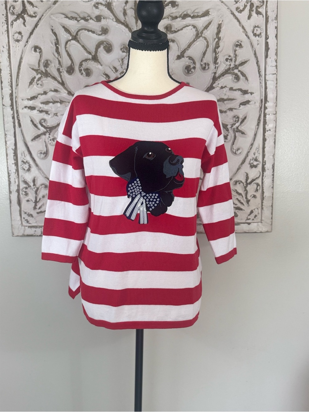 Boden Red & White Striped Crewneck Sweater with Dog Embroidery